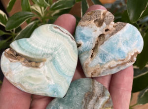 blue aragonite hearts at Integrative Healing Arts Studio Crystal Boutique